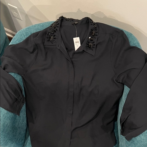 Ann Taylor Black Button Down Shirt with Embellished Collar - Picture 2 of 8
